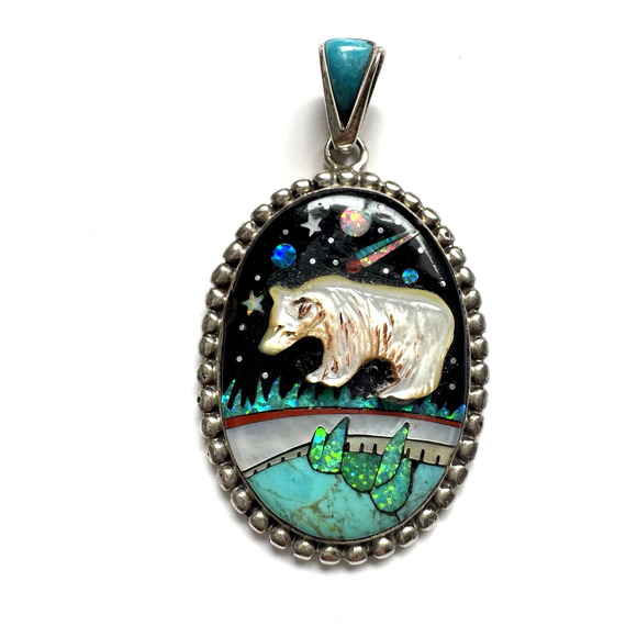 Polar Bear Pendant Sterling Silver Alaska Carved Opal MOP Aurora Borealis Signed
